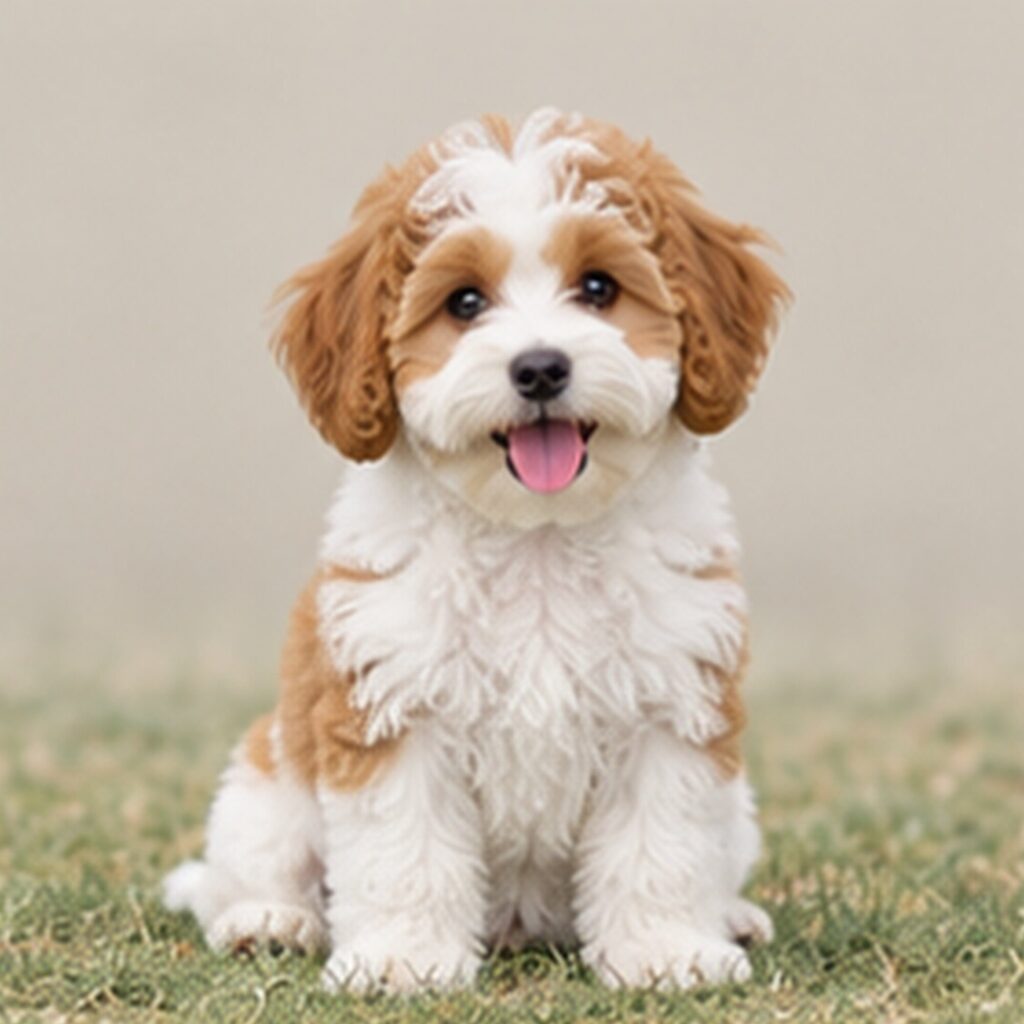 Fluffy, small dog with a soft coat and playful expression sitting alertly