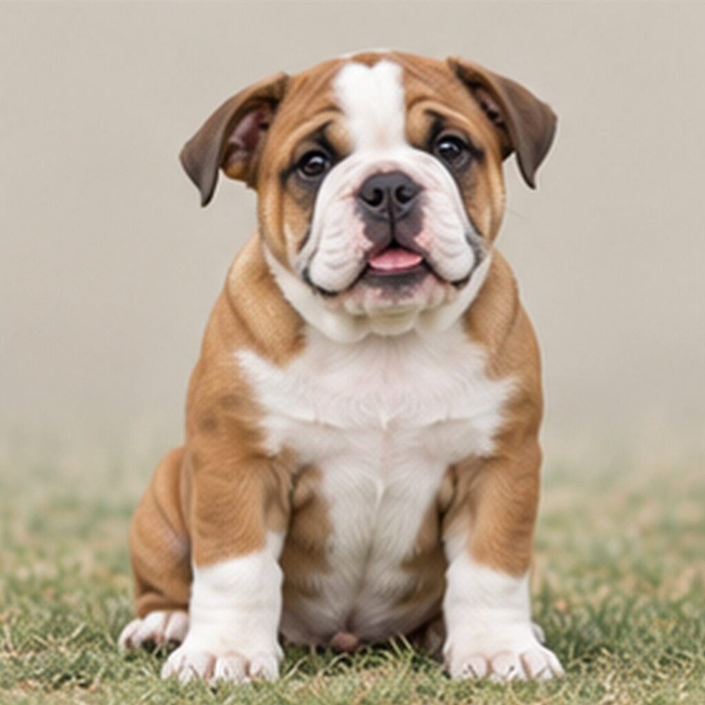 White and brindle Victorian Bulldog standing confidently with a muscular build
