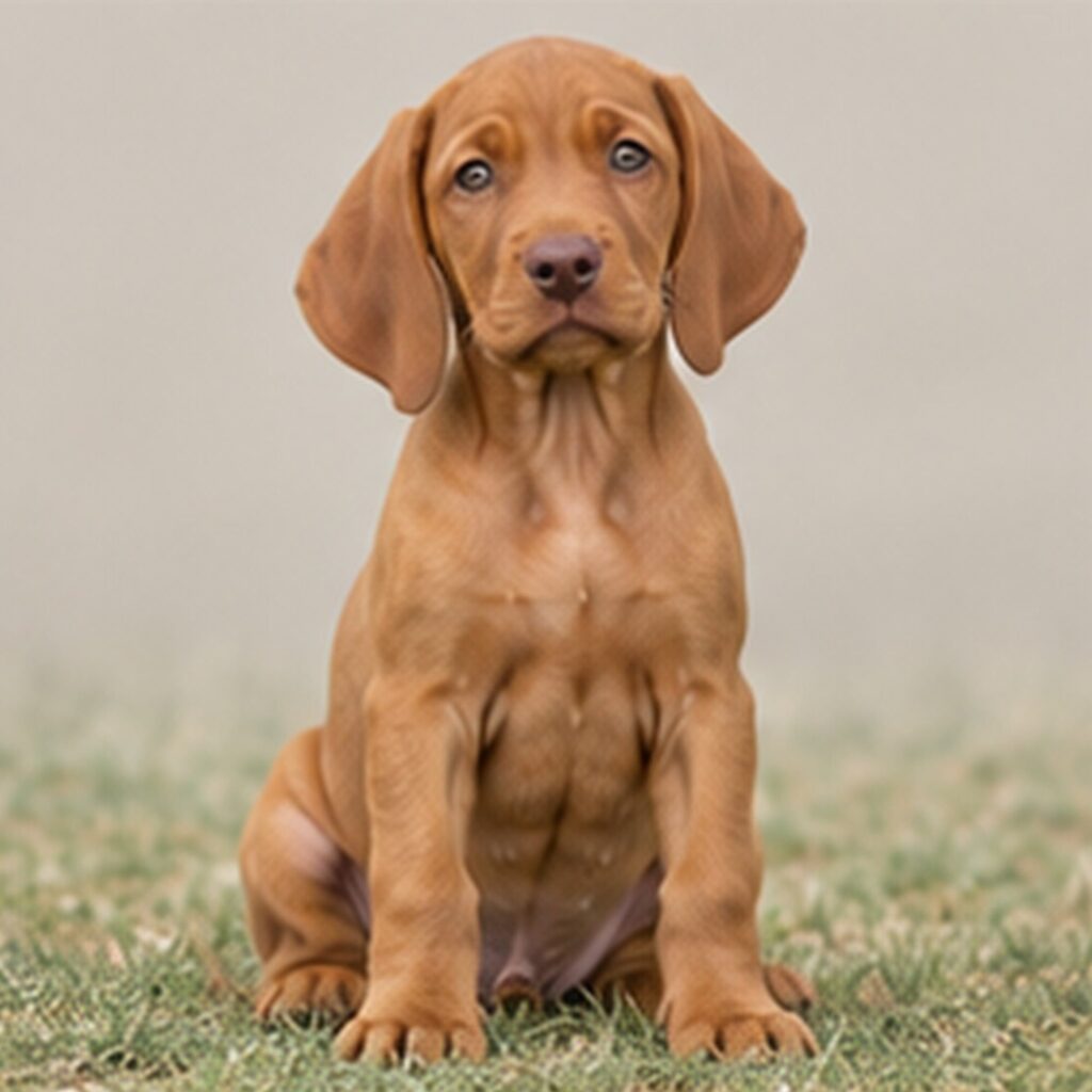 Short-haired copper-colored dog standing alert in a grassy field