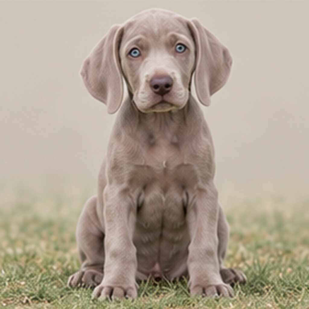 Silver-gray dog with a sleek coat standing alert in a grassy field