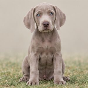 Silver-gray dog with a sleek coat standing alert in a grassy field