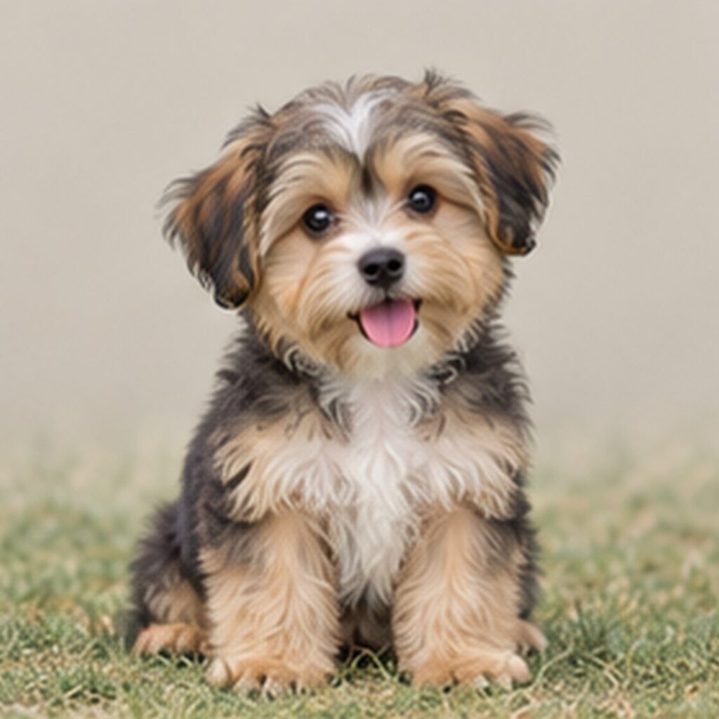 Small dog with fluffy coat, tan and white fur, sitting playfully