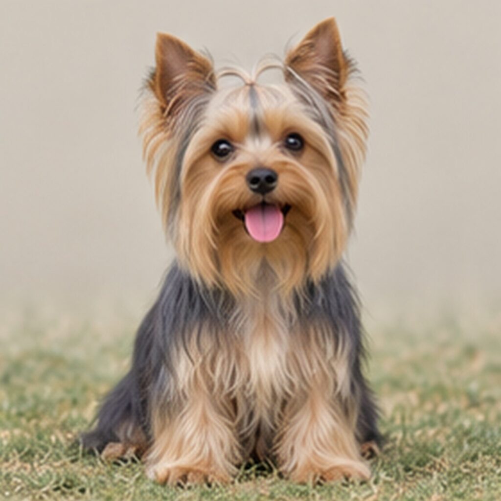 Small Yorkshire Terrier with silky tan and black fur, standing proudly