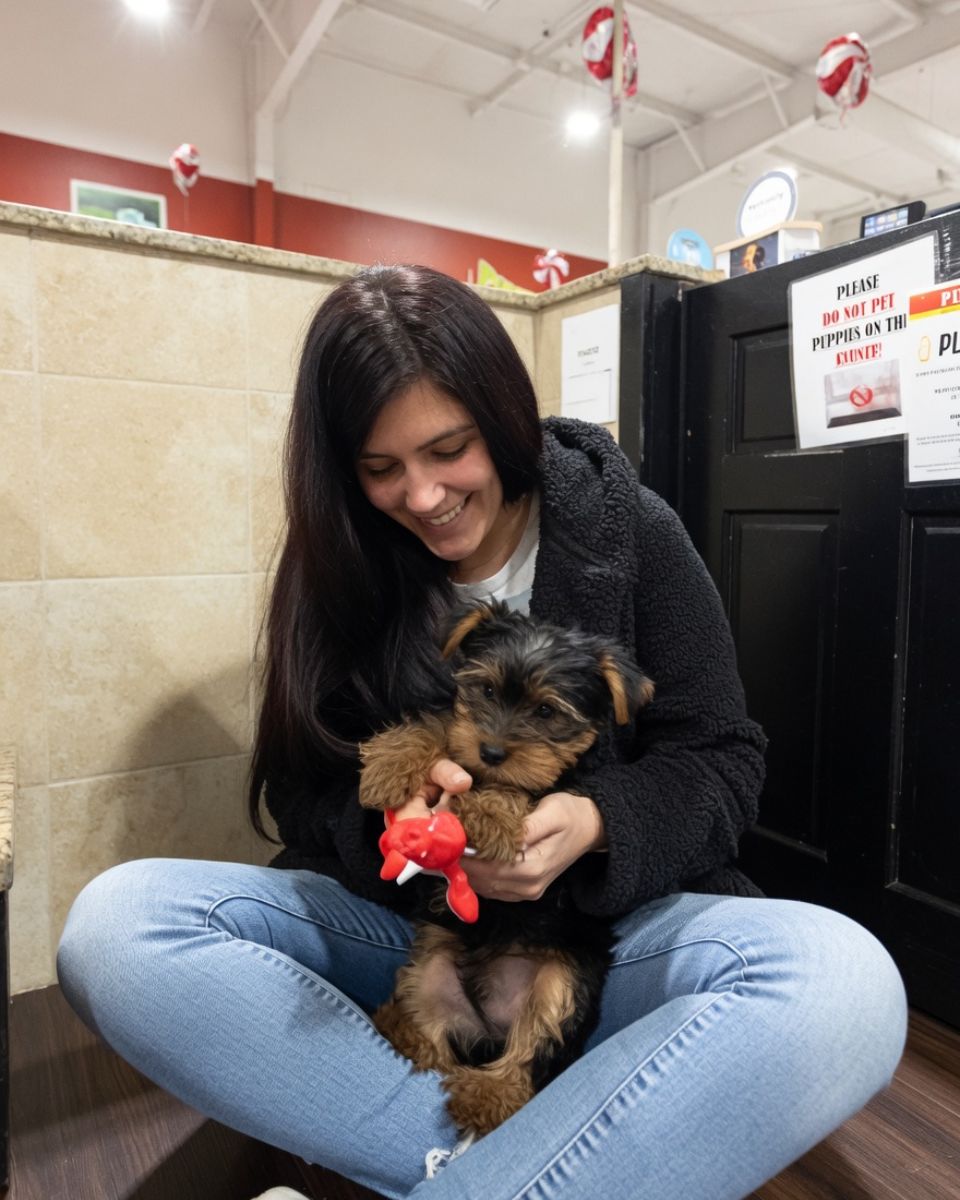 A playful Petland Summerville puppy with a favorite toy